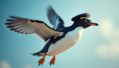 Fototapeta premium a cartoon penguin wearing a pilot's hat, flying in a bright blue sky