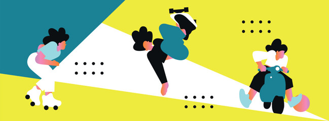 Woman sport activities. Female character on bike and skateboard vector illustration set. Beautiful young woman. Sportive ladies working out. Healthy lifestyle, active workout	
