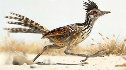 A cute roadrunner with speedy legs, running across the desert on a white background 