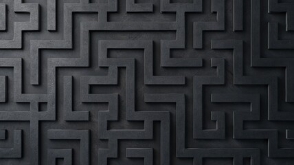 A dark, intricate maze pattern with sharp angles, creating a visually engaging and complex design on a textured surface.