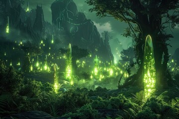 A Mystical Forest Lit by Glowing Pillars and Luminescent Particles