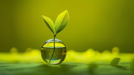 Small green sprout in glass sphere on vibrant background