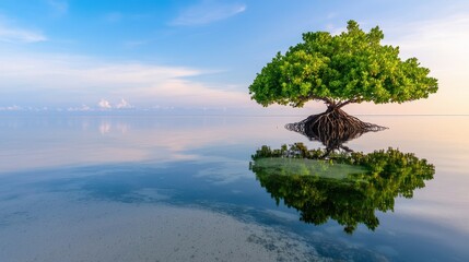 mangrove forest restoration concept, Majestic Reflection of Mangrove Tree in Clear Tidal Waters
