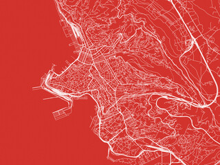 Christmas Map of Trieste, Italy in Snowy White on Festive Red Background.