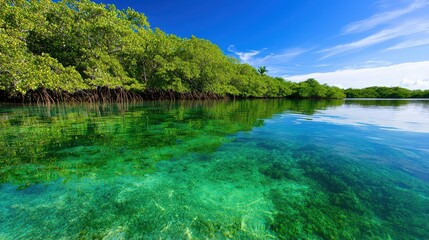 Fototapeta premium mangrove forest restoration concept, Reflection of Mangrove Trees in Crystal Clear Tidal Waters