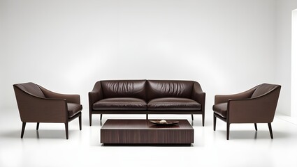 The image features a stylish and modern seating arrangement consisting of a three-seater sofa and two armchairs, all upholstered in rich, dark brown leather. The sofa has a sleek design with a slightl