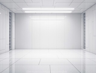 Futuristic laboratory with a white concrete wall as backdrop, sterile environment, beaker