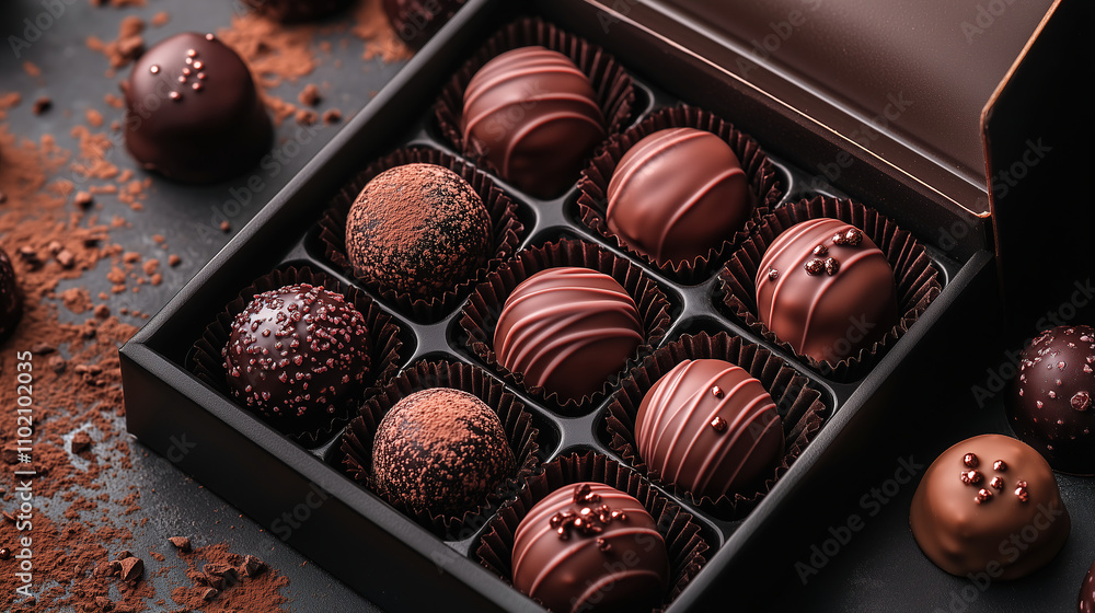 Poster exquisite handmade chocolates displayed in a stylish box on a dark background. generative ai