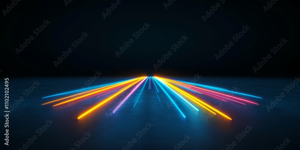 Poster a vibrant horizontal streak of multicolored light on a dark background, symbolizing speed, energy, a