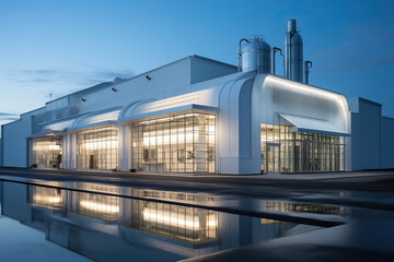 A large business workshop with a reflection in the water.