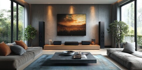 Modern Living Room Home Theater Setup With Landscape Artwork