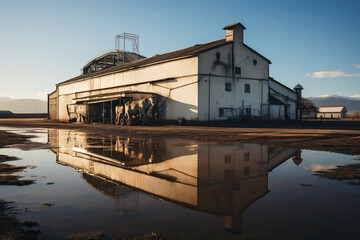 A large business workshop with a reflection in the water.