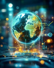 A digital globe displaying continents with technological elements and glowing effects.