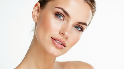 Fototapeta premium Beauty Woman Face with Perfect Smooth Skin. Beautiful Girl with Full Lips Natural Makeup over White. Women Facial Plastic Surgery and Dermal Fillers. Copy spac
