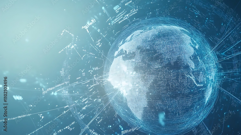 Poster swirling digital patterns against a blue background illustrating a globe-like structure with data st
