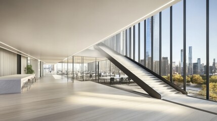 Obraz premium Modern Office Interior with Panoramic City View and Sleek Staircase