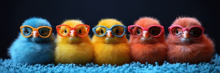 Fototapeta premium Charming and vibrant image showcasing a row of fluffy, colorful baby chicks wearing bright sunglasses, perfectly capturing a delightful sense of playful style.