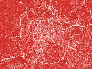 Christmas Map of Roma Metropolis, Italy in Snowy White on Festive Red Background.