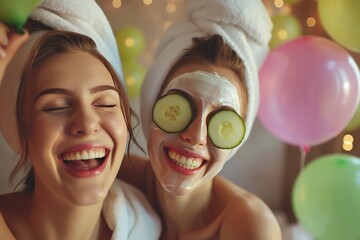 Two joyful young women enjoying a fun spa day together in white bathrobes with facial masks and cucumber slices on their eyes