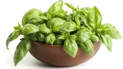 Small bowl of basil pesto, isolated on a white background, showing vibrant green color