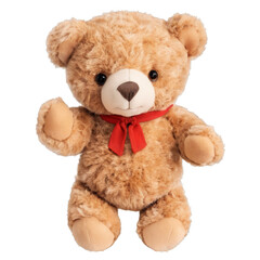 Obraz premium A teddy bear with a red ribbon around its neck. Isolated on transparent background.