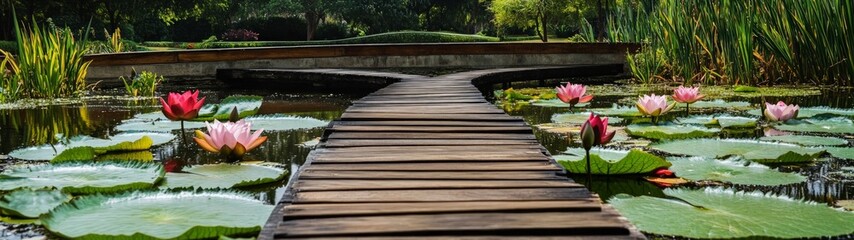 Fototapeta premium Wooden Bridge Over Tranquil Pond, showcasing a gracefully designed bridge spanning a peaceful pond adorned with vibrant lily pads and blooming lotus flowers, embodying serenity and natural beauty.