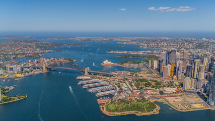 Fototapeta premium Aerial View of Sydney Harbour Balmain Darling harbour Sydney CBD cockle Bay Wharf North Sydney harbour bridge Lavender Bay Milsons Point Manly on a warm summer day blue skies 