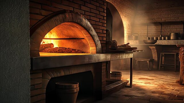 pizza oven with fire. Created with Generative AI.