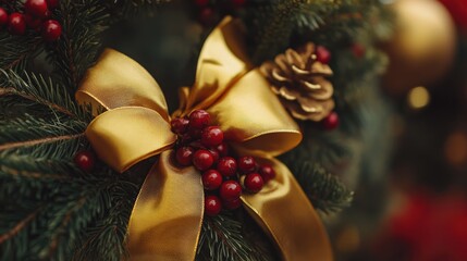 Wreath with holly berries and golden ribbon