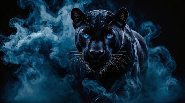 black panther with glowing blue eyes on a black background in smoke 