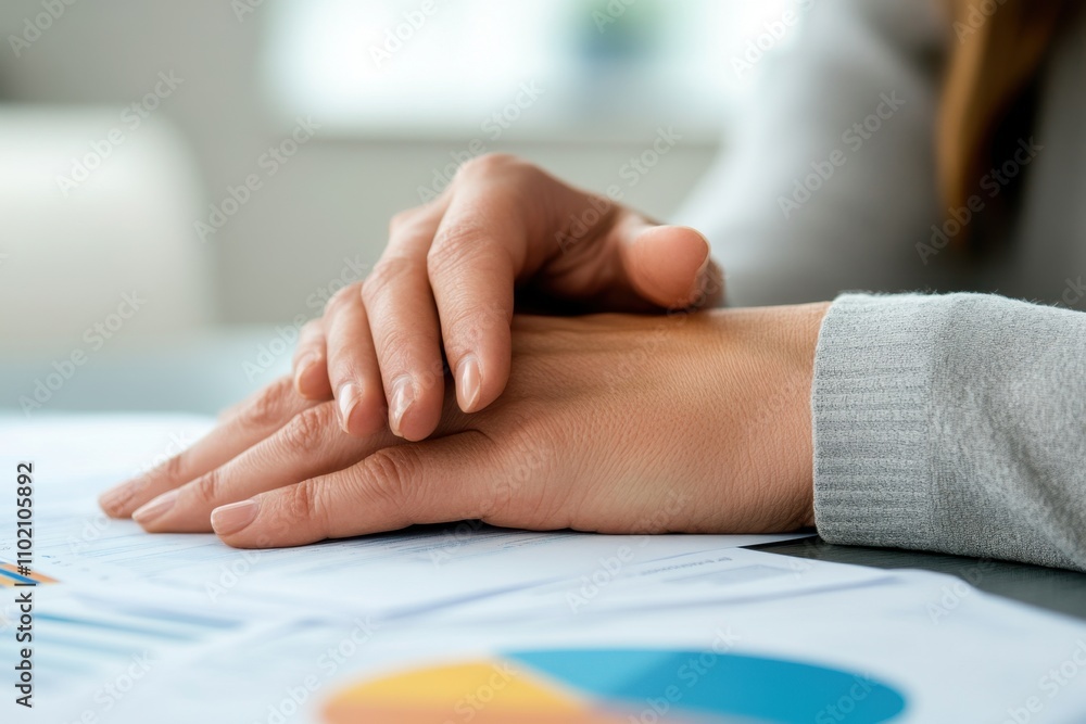 Aufkleber hands resting gently on business documents with colorful charts and graphs, symbolizing planning, st