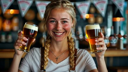 Smiling server welcomes guests with two pints of beer at a lively bar during a summer event