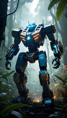 Fototapeta premium Mecha Robot in Jungle: Futuristic Robot Exploring a Lush Tropical Forest.