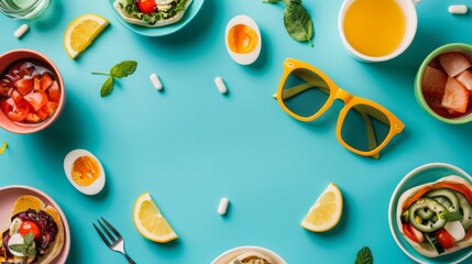 Naklejka premium Vibrant breakfast scene with healthy food and fresh ingredients