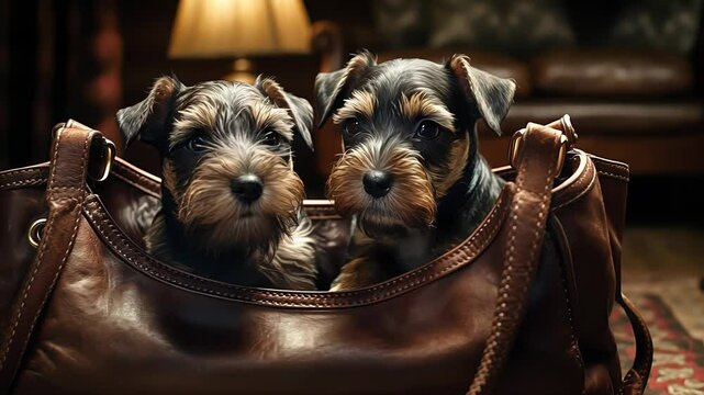 puppy in a travel bag. Created with generative AI.	