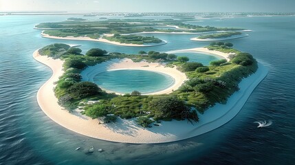 Obraz premium An oval-shaped tourist island surrounded by water, designed to evoke the feeling of valleys between sand dunes. Aerial high view.