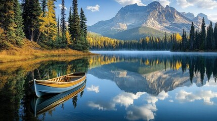 Obraz premium Tranquil Lake Serenity, a peaceful scene featuring a fishing boat on still waters, framed by lush trees and majestic mountains mirroring their beauty in the lake.