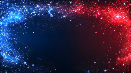 Fototapeta premium Fireworks Border for Fourth of July with Red and Blue Stars and Sparks Independence Day Celebration in the United States. 