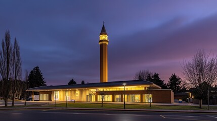Elegant Minaret-Inspired Mosque Against Twilight Sky