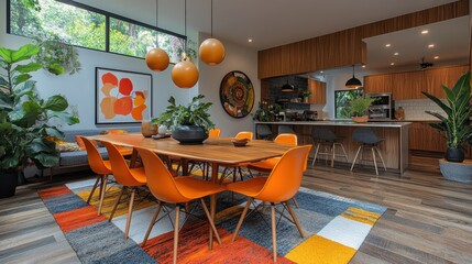 Modern dining room with vibrant orange chairs, stylish wooden table, and lush indoor plants creates a warm and inviting space for gatherings and meals.