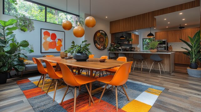 Modern dining room with vibrant orange chairs, stylish wooden table, and lush indoor plants creates a warm and inviting space for gatherings and meals.