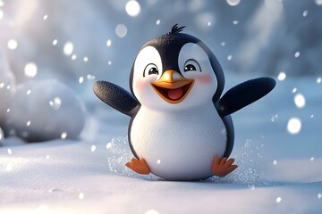 A cute cartoon penguin family in winter hats enjoys the snowy holiday season