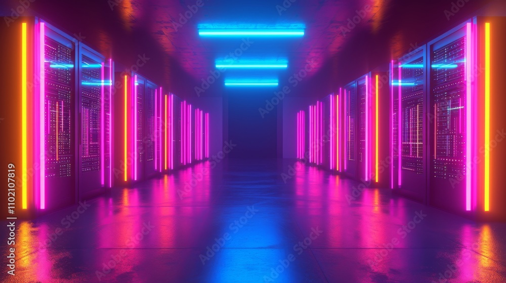 Aufkleber a neon-lit corridor in a modern data center, featuring reflective floors and rows of server racks. b
