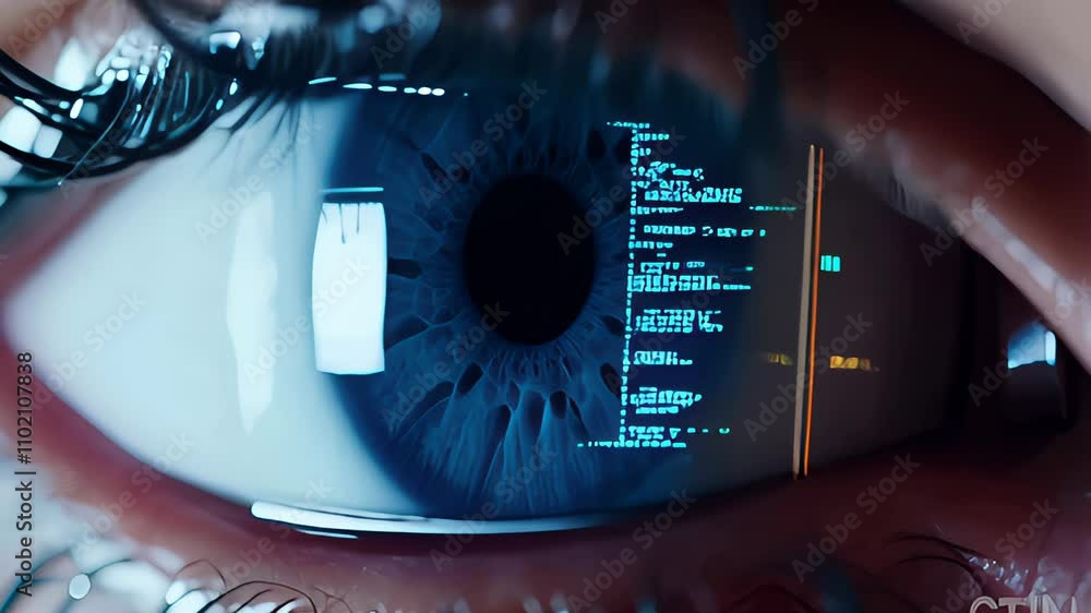 Poster a macro of a blue eye, showcasing a futuristic digital display with detailed reflections and pattern