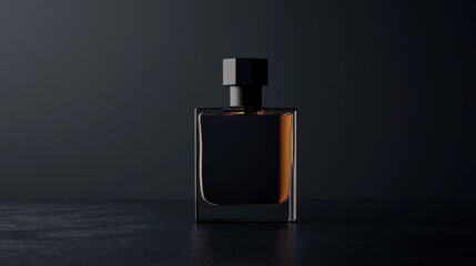 men's perfume bottle with a clean and austere design on a plain, matte black background. Mockup for design, with copy space