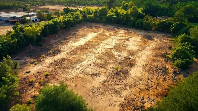A cleared patch of land bordered by trees, ready for construction.