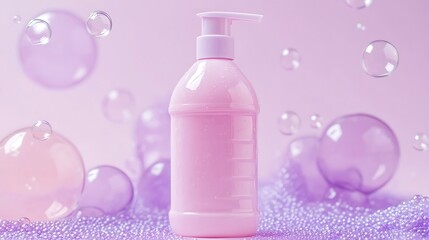 Soft Pink Plastic Bottle Containing Body Wash Surrounded by Bubbles on a Light Purple Background for Skincare and Personal Care Themes