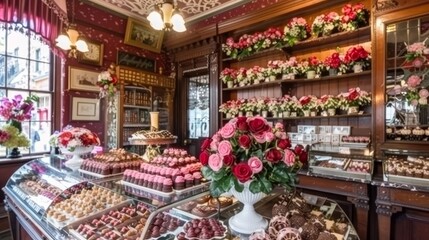 Charming gift shop showcasing valentine s day cards, flowers, and chocolates in soft pink and red