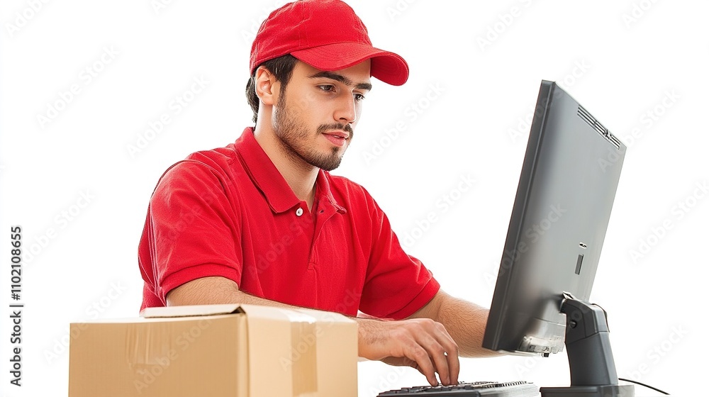 Poster efficient warehouse worker checking deliveries at computer station