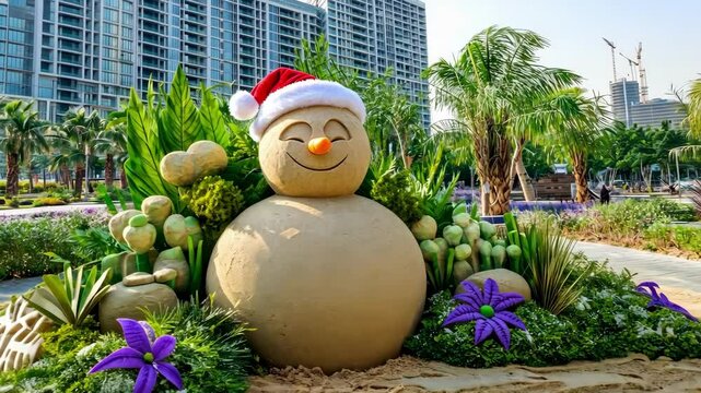 Festive sand snowman sculptures in tropical holiday park setting